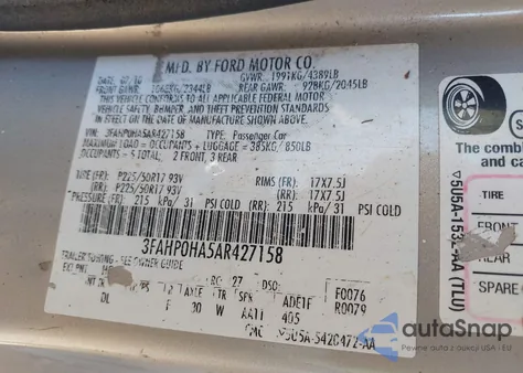 2010 Ford Fusion Se из США, поврежденный, VIN 3FAHP0HA5AR427158